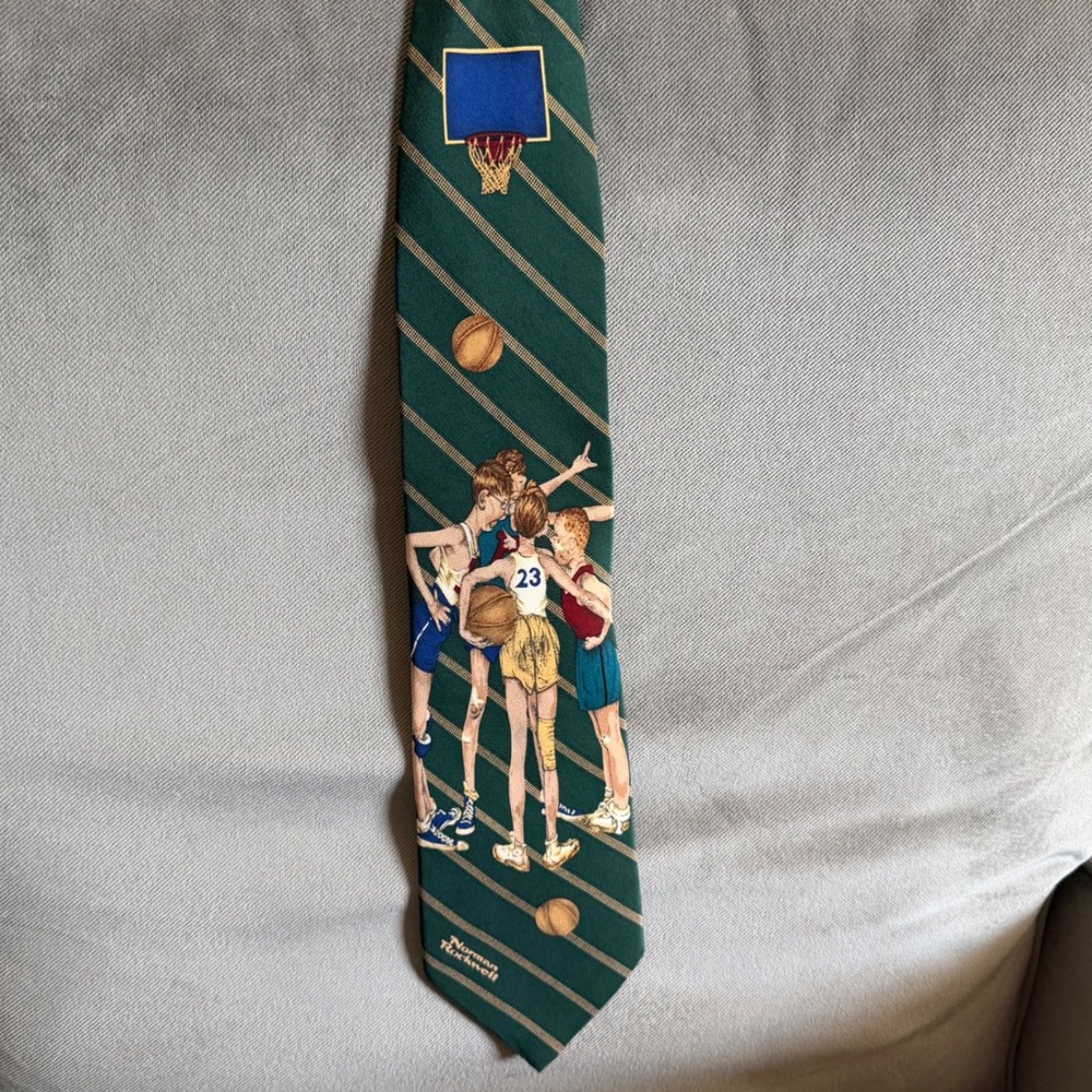 Norman Rockwell Basketball Silk Tie Green Gold Striped Vintage 1996 Canada